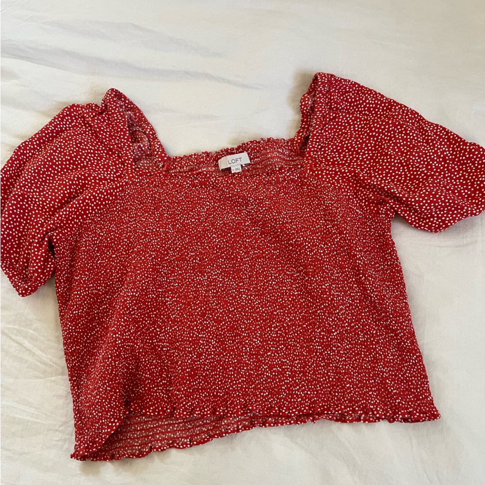 Loft Puffy Sleeve Ruched Crop Shirt | Red, White Polka Dots | XL